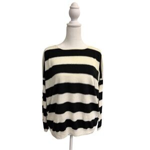 Sandro Black and Off-White Crew Neck Sweater with Bold Stripes and silver detail